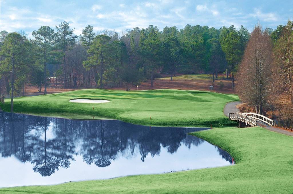 view of golf course with pond